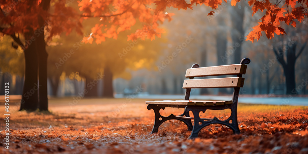 bench in autumn parkSunny landscape in fall park, autumn season background orange park,Autumn background,Wood bench outdoors on a winter autumn day. Warm light makes all the fallen dead leaves shine 