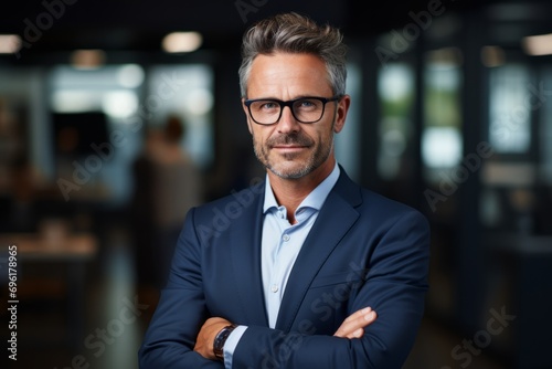 Mature Businessman with Glasses. Senior businessman with glasses in a corporate setting. © AI Visual Vault