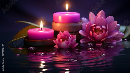 Tranquil Spa Setting with Pink Candles and Water Lilies