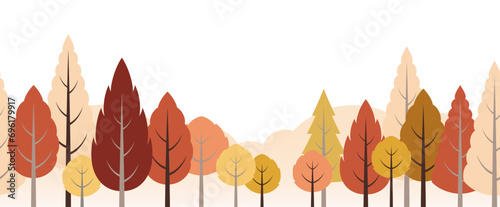 Seamless Forest With Mountains In Autumn Colors Vector Flat Illustration Isolated On A White Background. Horizontally Repeatable. 
