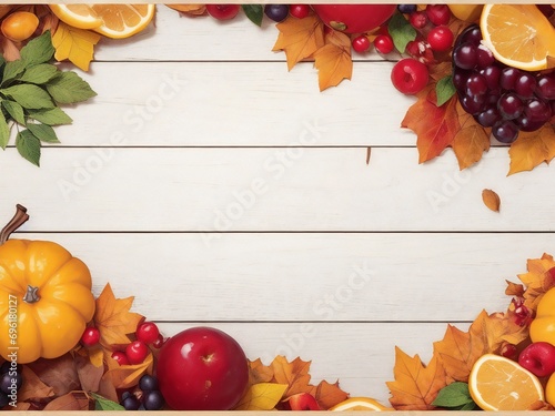 Autumn leaves and berries on a white wooden background with copy space.