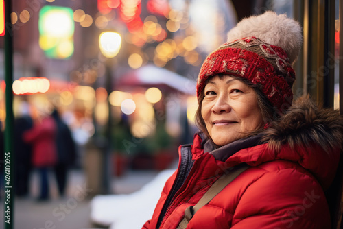 Senior Asian woman winter city lifestyle. Urban street portrait