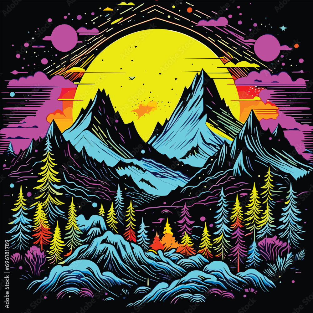 Beautiful autumn mountain landscape, Amazing landscape of snowy mountains and night forest psychedelic nature vector Illustration background