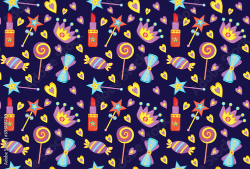 Trendy fashion accessories and clothing vector illustration. Seamless fashion accessories pattern. Seamless pattern with colorful clothing, cosmetics and jewelry in cartoon style. 