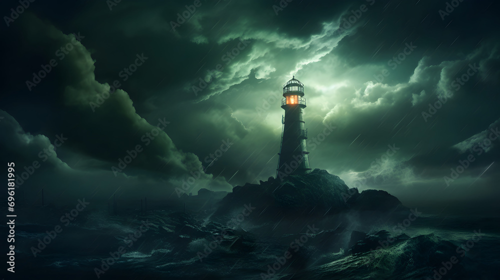 Black dark greenish blue dramatic night sky. Gloomy ominous storm rain clouds background. Cloudy thunderstorm hurricane wind lightning with a light house in the background. Epic fantasy mystic. 