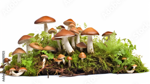 Golden needle mushroom -Flammulina velutipes- grow on mossy deadwood. Generative AI