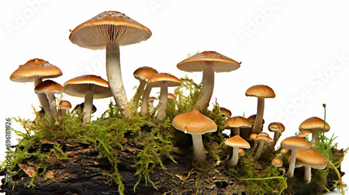 Golden needle mushroom -Flammulina velutipes- grow on mossy deadwood. Generative AI