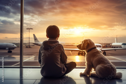 A young boy is relaxing in the airport lobby with his beloved dog, who has bonded with him through friendship, staring at the airfield. The beautiful sunset deepens the memories of the trip. Concept f
