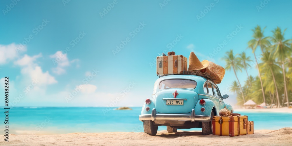 Fototapeta premium Car packed with luggage, all set for a summer holiday adventure on Golden sand meets the tranquil blue sea.