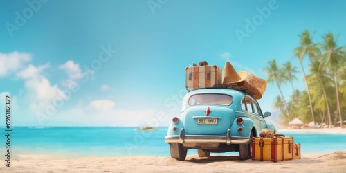 Car packed with luggage, all set for a summer holiday adventure on Golden sand meets the tranquil blue sea. © Nattadesh