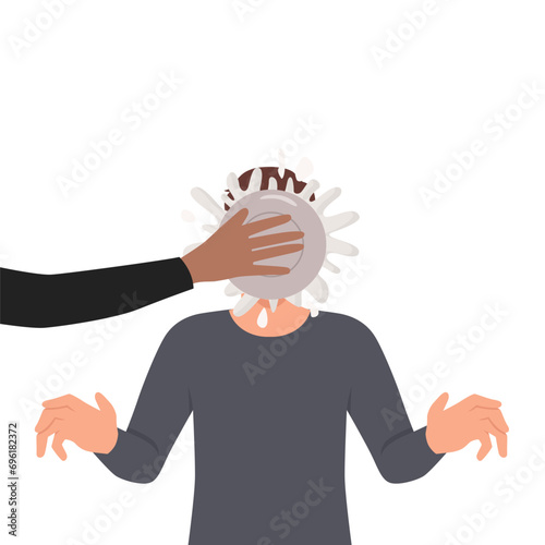 Person throw pie in man face make fun of friend or colleague. Greeting or congratulation with happy birthday prank or joke. Laughter and smile concept. Flat vector illustration isolated on white