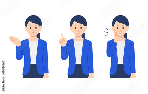 案内･指差し･呼びかけのポーズをするビジネスパーソン女性のセット【人物ベクターイラスト素材】