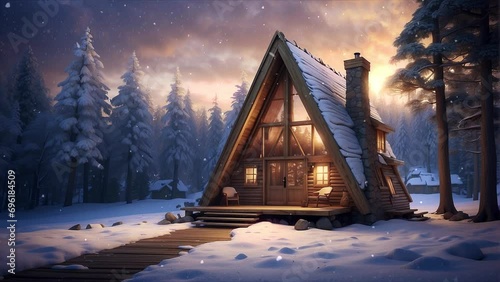 Mysterious cabin in the woods. Snowflakes falling and lights glowing at sunset. Cozy, meditation rest, deep sleep relax concentration study atmosphere.