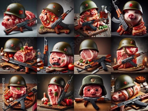 Compilation set of meat pork chop with Soviet helmet and rifle. Concept of Russian incompetence. photo