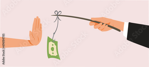 Hand Saying No to Bribe Money Vector Cartoon Illustration. Person staging a failed flagrant of offering dirty money bribery 
