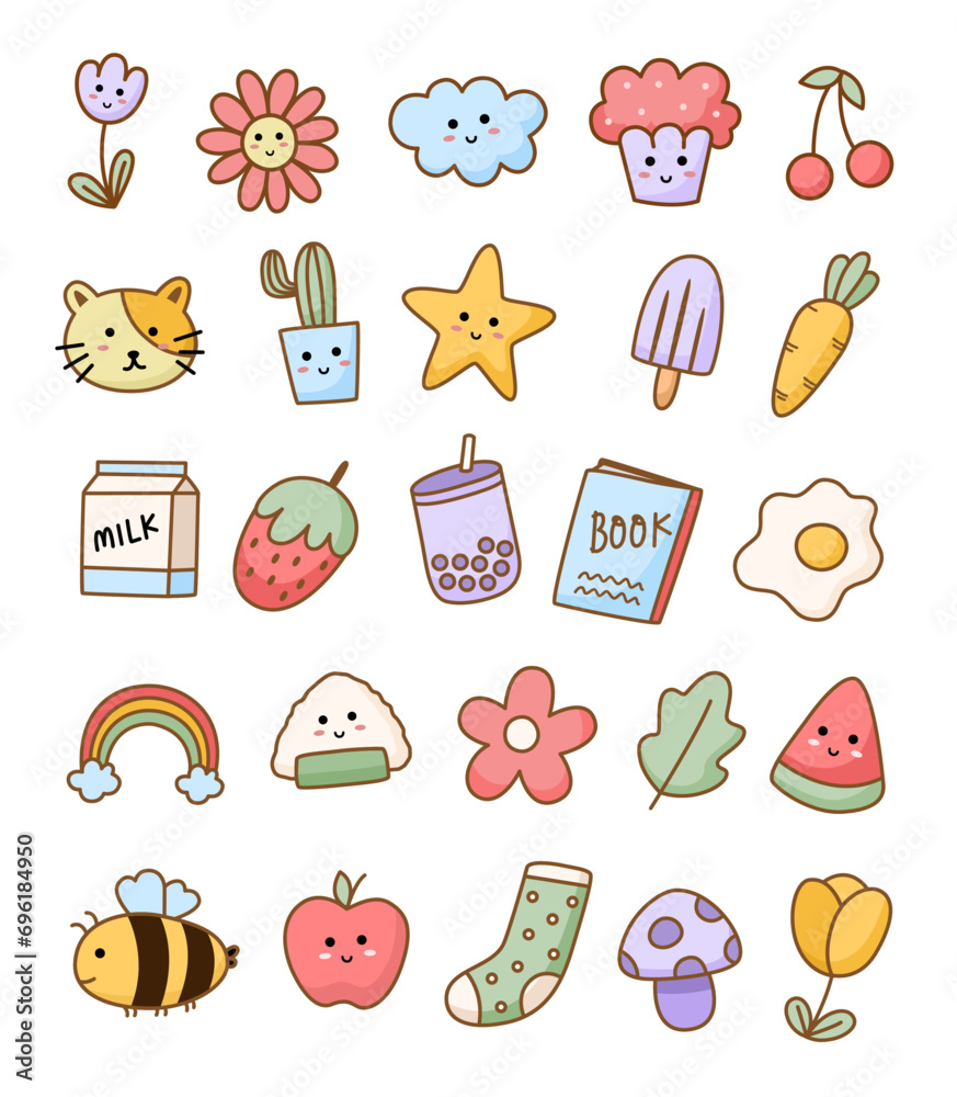 Simple sketch line style elements. Doodle cute ink pen line elements isolated on white background. Cute doodle food, flower, plant, socks, rainbow, cat, cloud