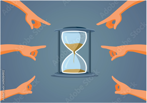 People Pointing to an Hourglass Indicating Time Vector Illustration. Time going out fast while humans grow worried 
