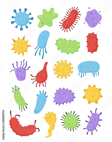 Colourful different type of viruses. Bacteria and germs colorful set micro-organisms disease-causing bactery cell cancer germ bacteria viruses fungi  protozoa probiotic.