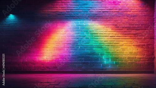 A brick wall  adorned with neon lights in a rainbow of colors