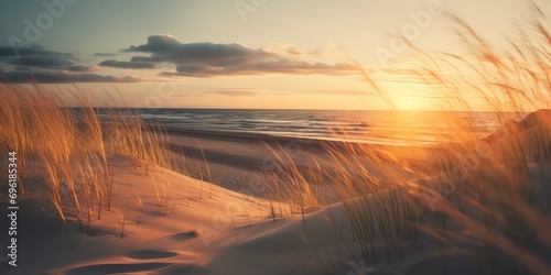 Admire the beauty of a grass dunes beach at sunset with sunlights shimmering