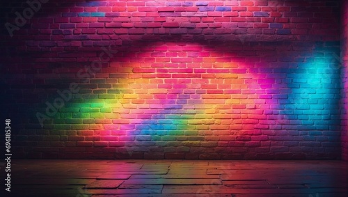 A brick wall  adorned with neon lights in a rainbow of colors