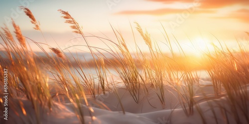 Admire the beauty of a grass dunes beach at sunset with sunlights shimmering