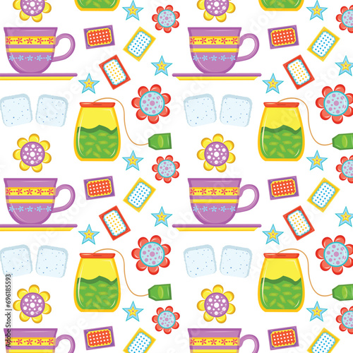 Spring floral summer afternoon tea time illustration seamless pattern. Seamless pattern with hand drawn tea and coffee cups and pots for scrapbooking, wrapping paper, textile prints, wallpaper, 