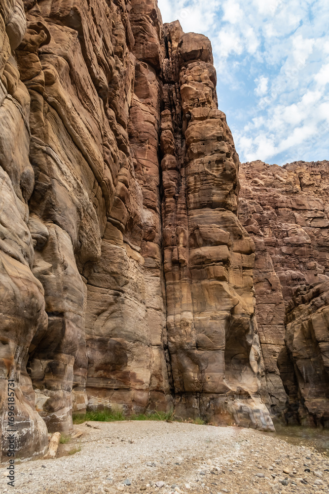 Bizarre  mountain bends at beginning of the Mujib River Canyon hiking trail in Wadi Al Mujib in Jordan