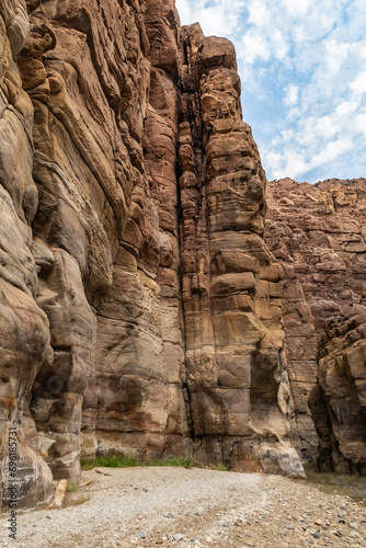 Bizarre mountain bends at beginning of the Mujib River Canyon hiking trail in Wadi Al Mujib in Jordan