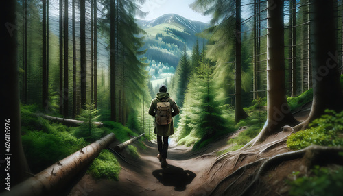 a mountainous pine forest in the midst of spring. The scene shows a man of a specific descent  seen from the back  taking a walk through the forest