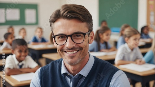 Portrait of a school teacher with his students in the classroom, pleasant atmosphere and moment of happiness. Generative AI.