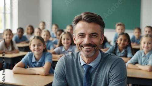 Portrait of a school teacher with his students in the classroom, pleasant atmosphere and moment of happiness. Generative AI. photo