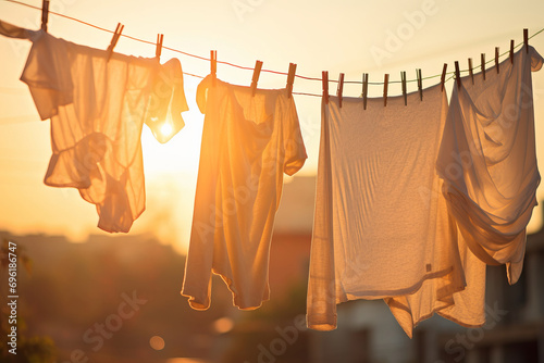 Freshly washed clothes of various colours hang outside, displaying the colourful freshness of laundry drying in sunlight. AI generative.