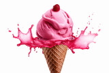 pink color ice cream in the cone on white background