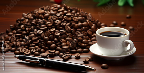 wooden table pen cup overhead view photo style hd wallpaper  cup of coffee beans