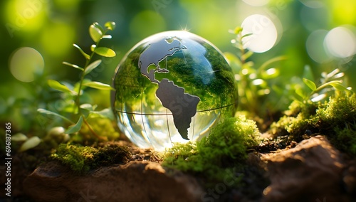 Fototapeta Naklejka Na Ścianę i Meble -  Glass Globe Amidst Lush Greenery and Sunlight