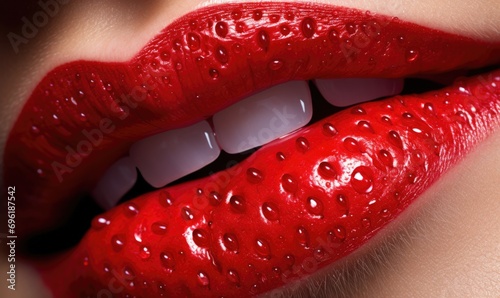 Close up of a woman's lips with red strawberry lipstick. Generative AI. © serg3d