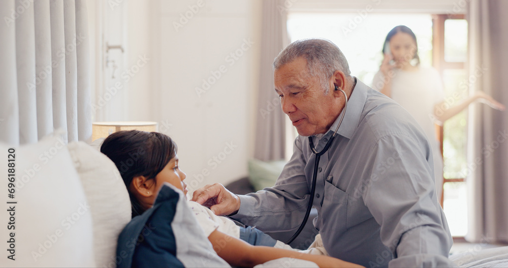 Senior, man and girl child with stethoscope in bedroom of home for healthcare, wellness and examination. Elderly, doctor and kid for pediatrician, patient and sick on bed in house with consultation Senior, man and girl child with stethoscope in bedroom of home for healthcare, wellness and examination. Elderly, doctor and kid for pediatrician, patient and sick on bed in house with consultation