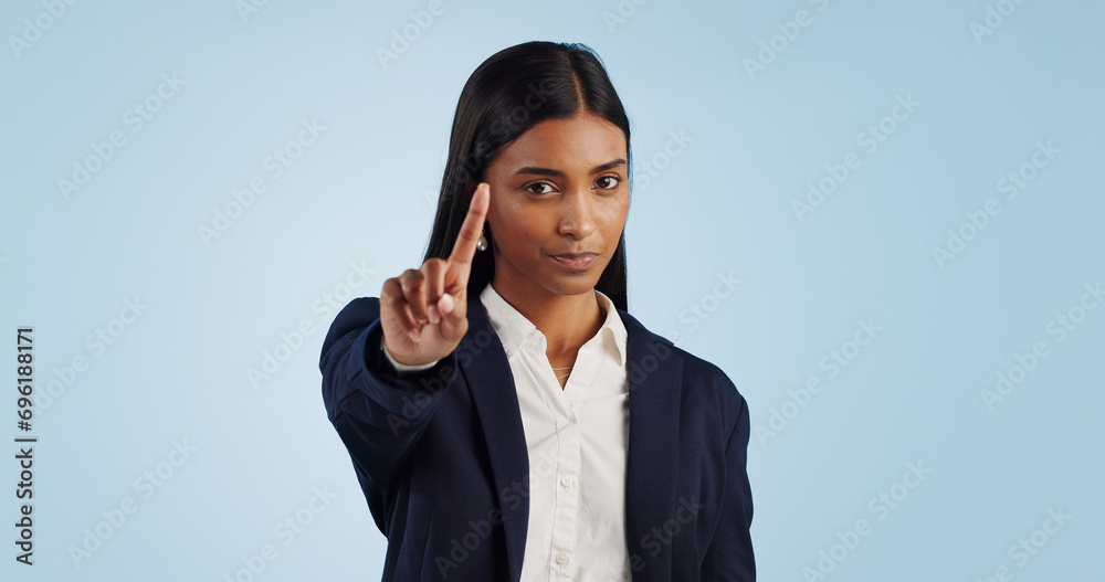 No, finger and portrait of business woman in studio with limits warning, control or order on blue background. Stop, hands and face of female lawyer with threat, security or compliance fail sign No, finger and portrait of business woman in studio with limits warning, control or order on blue background. Stop, hands and face of female lawyer with threat, security or compliance fail sign