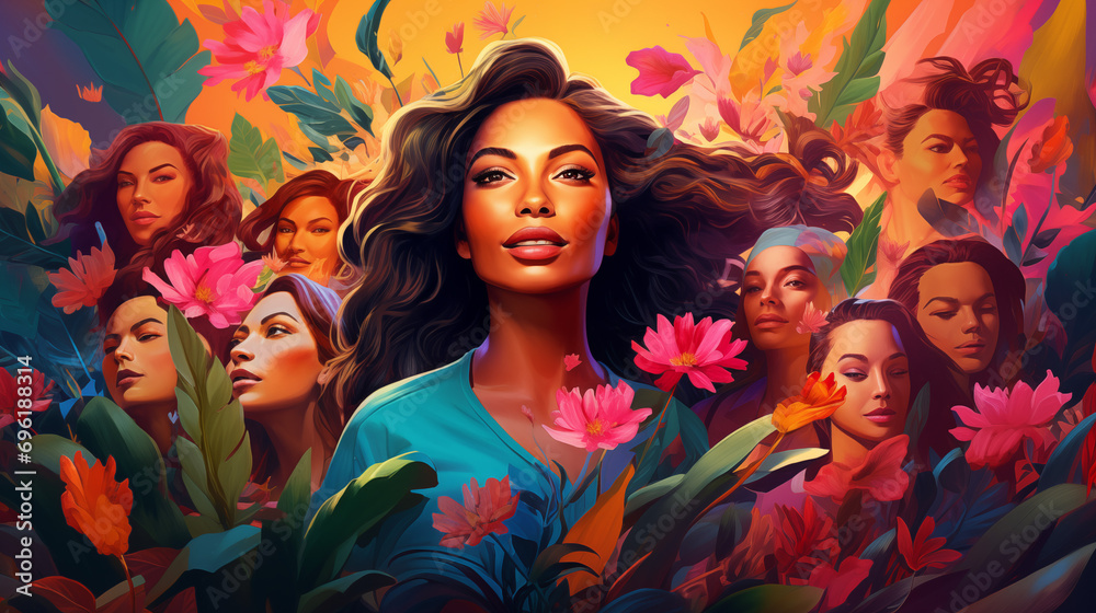 Digital artwork, Women's Day celebration theme, featuring diverse group of women, empowering, vibrant colors
Digital artwork, Women's Day celebration theme, featuring diverse group of women, empowering, vibrant colors