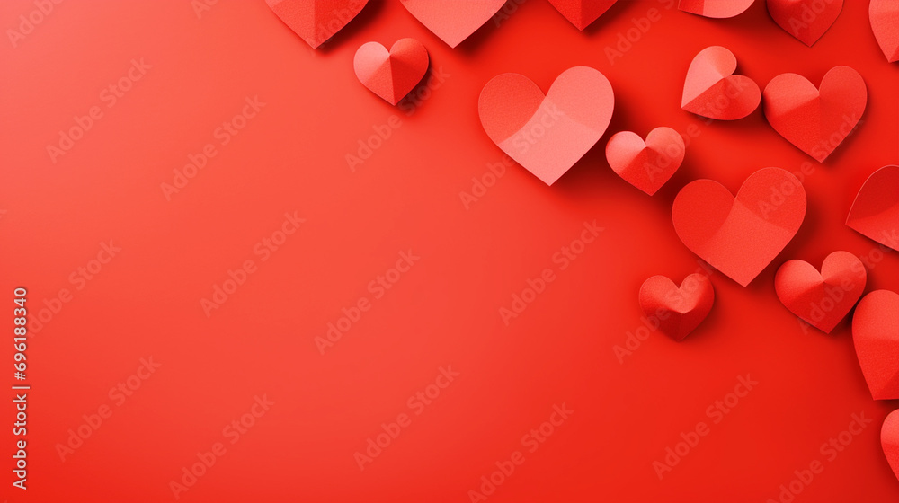 Cute hearts in paper cut out effect on isolated red background - ai generative
