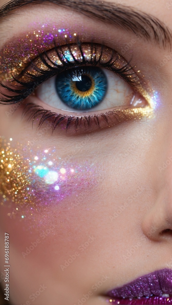close-up photograph of an eye with makeup, glitter in metallic colors. Generative AI 