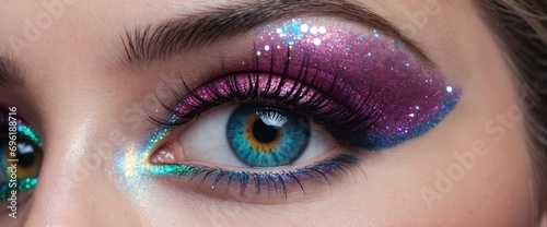 close-up photograph of an eye with makeup, glitter in metallic colors. Generative AI