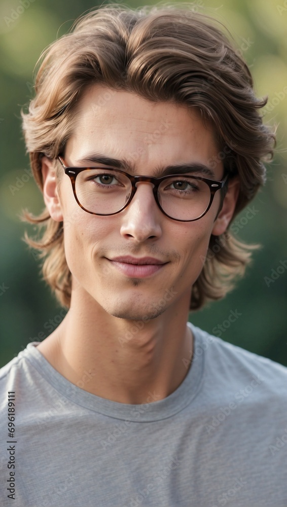Fototapeta premium Portrait of a young adult with glasses. Generative AI