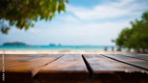 The empty wooden table top with blur background of Thailand beach. Exuberant image. generative AI