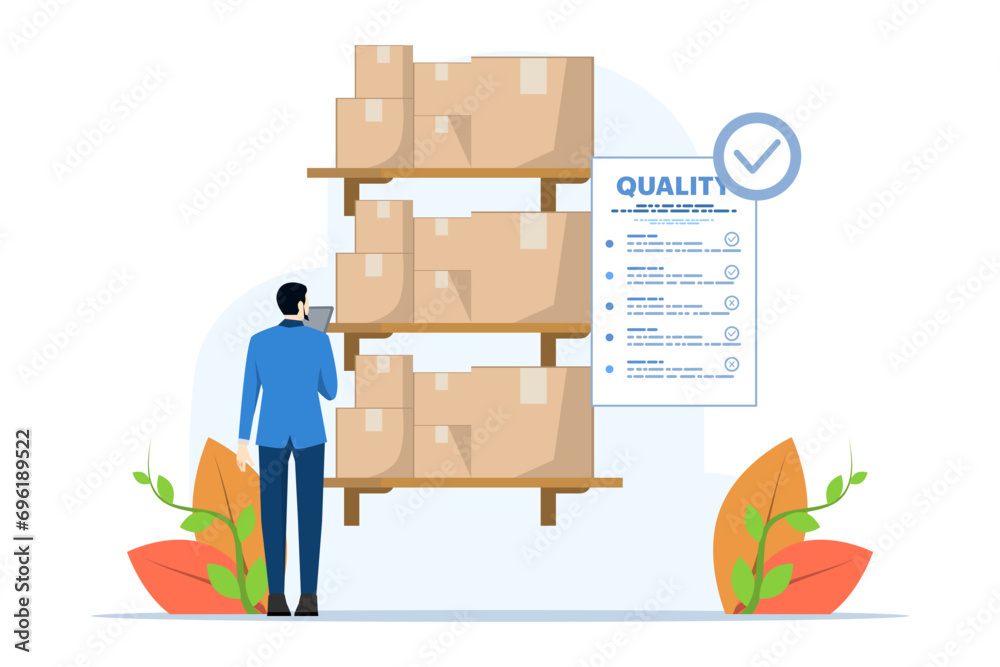 Product quality control concept, people check product quality with established standards. inspection or testing procedures that focus on meeting requirements. Modern flat vector illustration. Product quality control concept, people check product quality with established standards. inspection or testing procedures that focus on meeting requirements. Modern flat vector illustration.