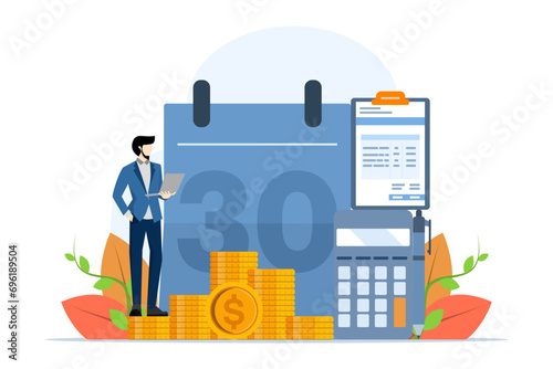 Salary payroll system concept, online income calculation and automatic payment, office accounting administration or calendar payment date, businessman standing with online payroll computer.