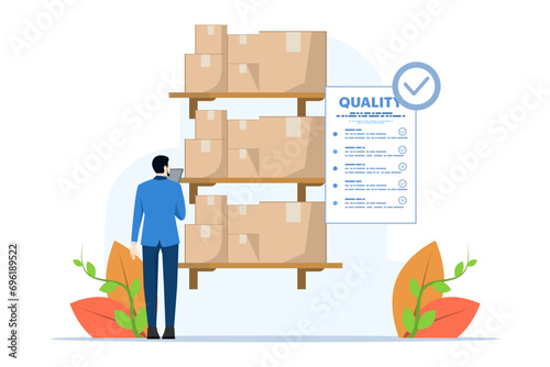 Product quality control concept, people check product quality with established standards. inspection or testing procedures that focus on meeting requirements. Modern flat vector illustration.