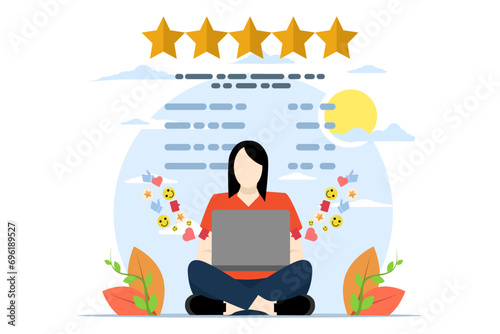 customer review concept, character Giving Star Feedback, Star review with good and bad ratings and text, customer satisfaction rating, business satisfaction, Flat Vector Illustration on background.