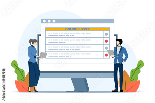 online poll and survey concept, people monitor online survey results using laptops, to create paper note lists, can be used for, landing pages, homepages, posters, banners. flat vector illustration.